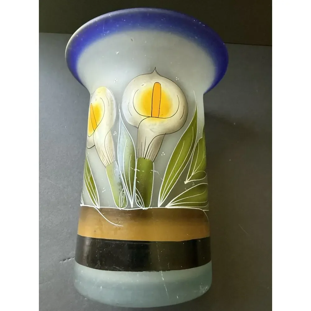 Vintage Hand Blown Mexican Glass Calla Lilly Vase Handpainted Artisan Whimsy